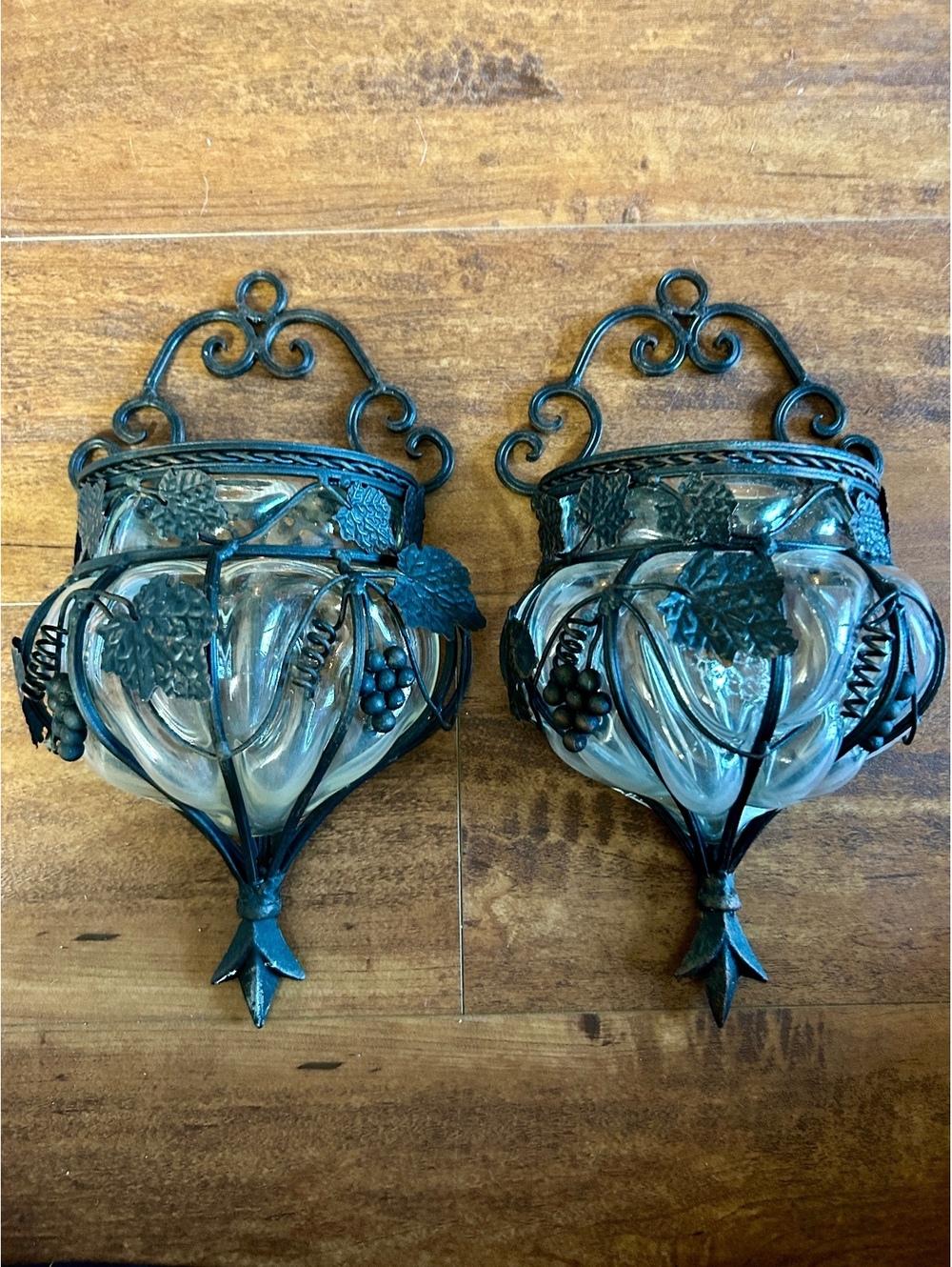 Pair of Vintage Glass and Metal Wall Hanging Planters with Leaf and Grape Design